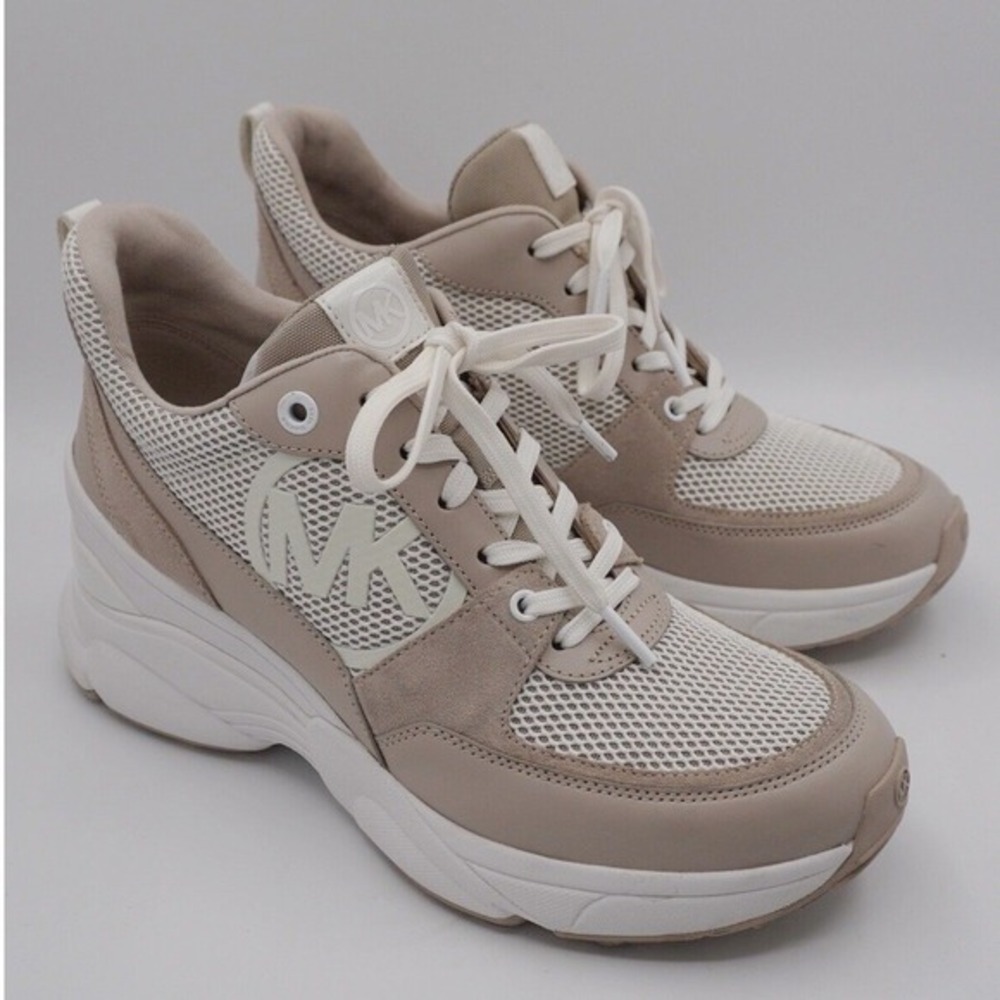 Michael Kors Mickey Trainer Leather Suede Mesh Sneakers Light Sand 11 Chic 36-15 - Picture 2 of 10